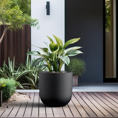 Kante 11.0" Round Concrete Planter, Large Cylinder Plant Pot with Curved Bottom and Drainage Hole, for Indoor and Outdoor Use – Garden or Patio, Black Finish with Painted Interior