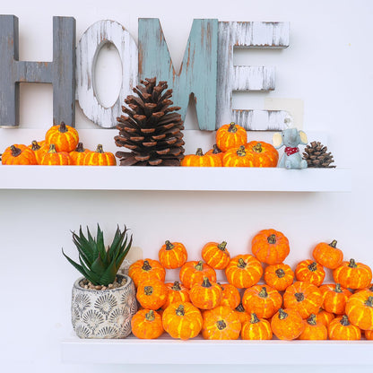 Winlyn 48 Pcs Mini Artificial Orange Pumpkins Fall Rustic Harvest Faux Foam Pumpkins 1.8" 2.1" for Thanksgiving Table Centerpiece Halloween Party Autumn Home Wedding Baby Shower Wreath Bowl Fillers