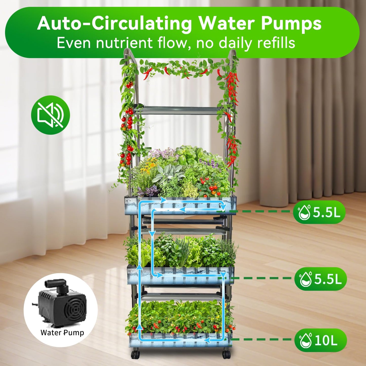 Indoor hydroponics Growing System, Large Vertical Hydroponic Garden with Smart Full-Spectrum Grow Lights, Auto Circulating Water, Mobile Indoor Gardening System for Herbs, Vegetables & Fruits
