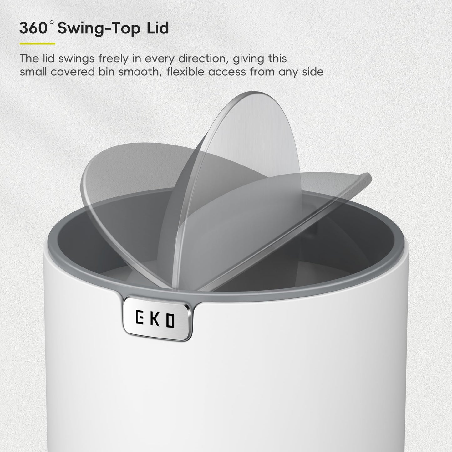 EKO Mini Desk Trash Can with Swing-Top Lid 0.4 Gallon Small Table Round Wastebasket for Office, Home, Car (White)