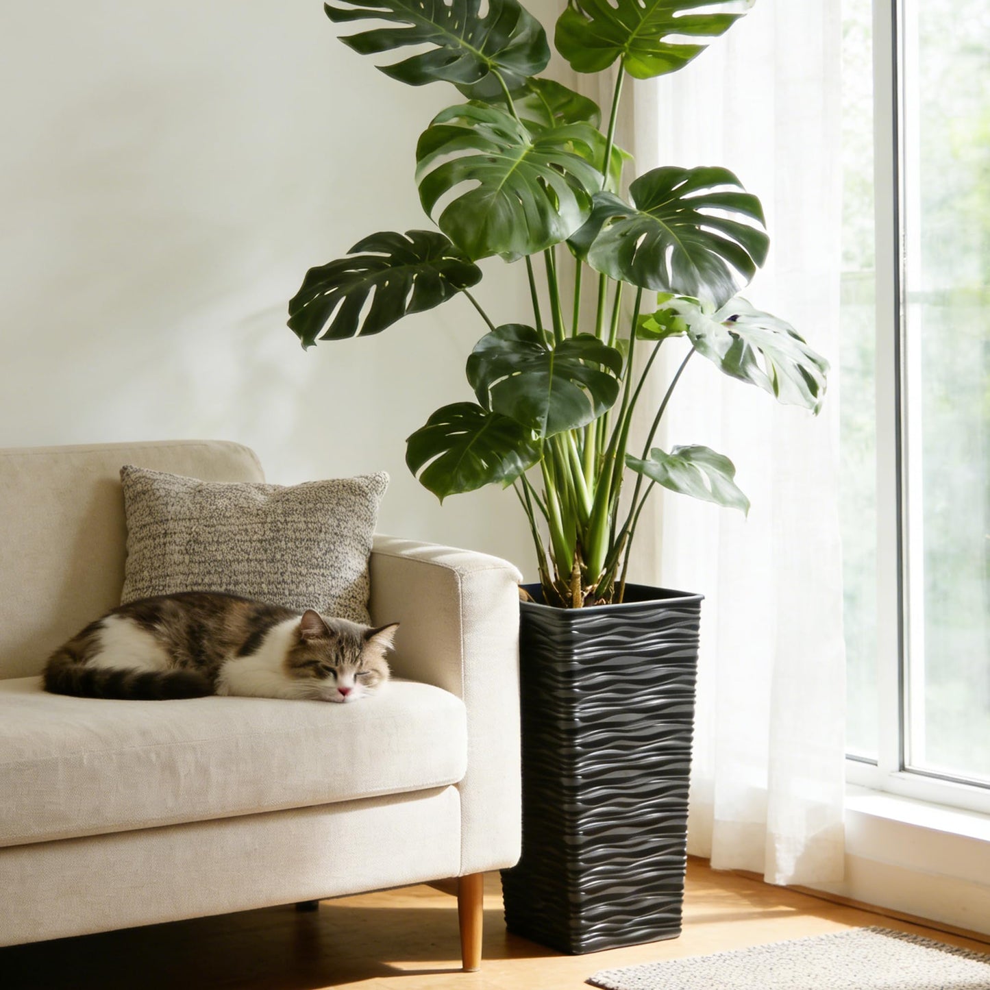 Worth 2 Pack 22" Tall Plastic Square Tapered Planter with Inside Pots for Indoor or Outdoor Use, Modern Wavy Finish for Front Porch or Deck, Black