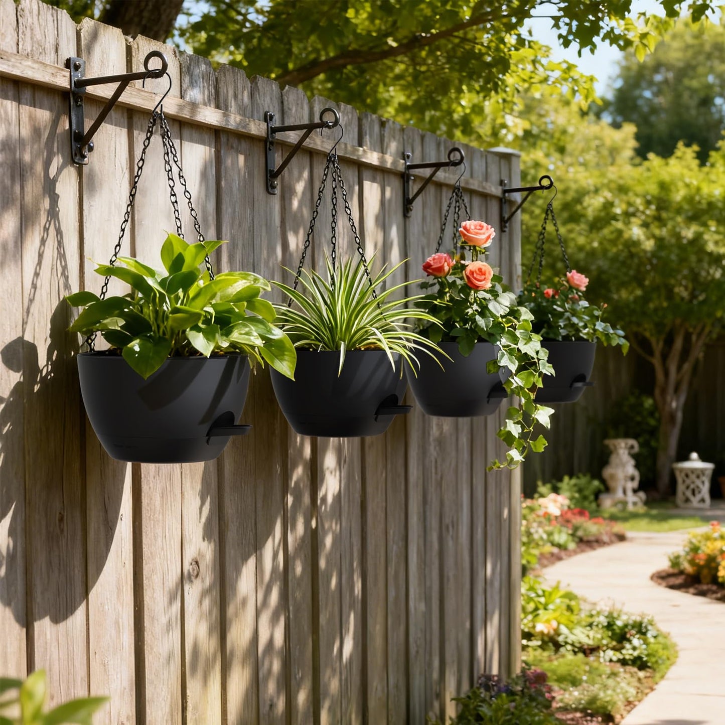 UOUZ 4 Pack 8 Inch Self Watering Hanging Planters for Indoor Outdoor Plants，Hanging Pots for Plants with Drainage Removable Tray, Hanging Baskets Flower Pots for Ivy Pothos Spider Garden Porch Black