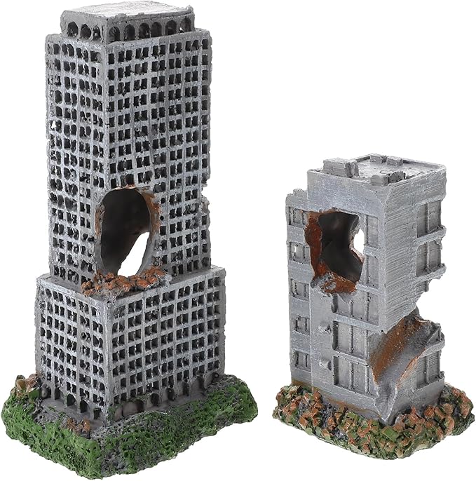 2pcs Aquarium Castle Decorations: Resin Urban Ruins - Fish Tank Rock Hideout - Antique City Building Ornament for Aquarium Backgrounds Fish Hideouts
