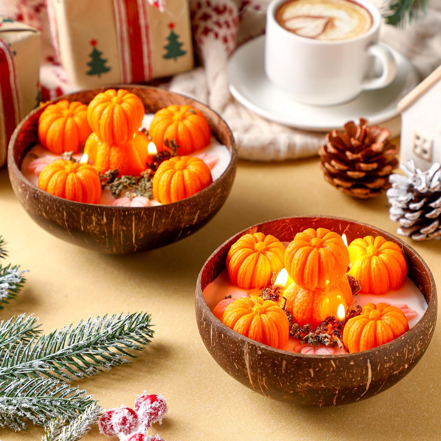 Conelist 2 Pcs Thanksgiving Scented Candle 5.9'' Fall Autumn Pumpkin Candle Decoration Spice Soy Wax Scented Coconut Bowl Tables Decor for Home Bedroom Bathroom Holiday Farmhouse Party Gift