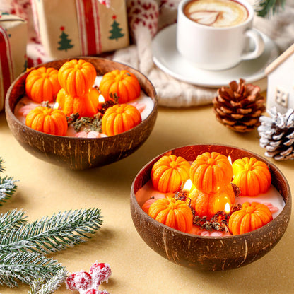 Conelist 2 Pcs Thanksgiving Scented Candle 5.9'' Fall Autumn Pumpkin Candle Decoration Spice Soy Wax Scented Coconut Bowl Tables Decor for Home Bedroom Bathroom Holiday Farmhouse Party Gift