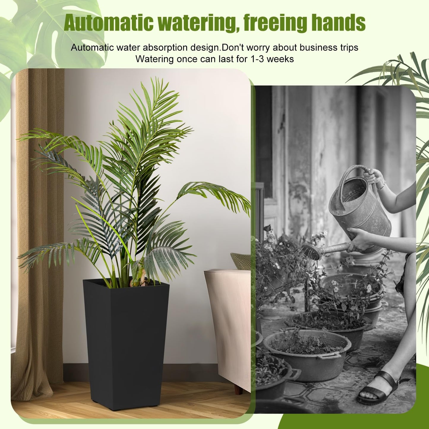 hatleues Resin Tall Planters Set of 2 Tall Flower Pot for Outdoor Indoor Plants, Flower Pots with Water Level Window & Drainage Tray, Dual-Buckle Design for Porch, Balcony, Deck,Modern Decor Black 2