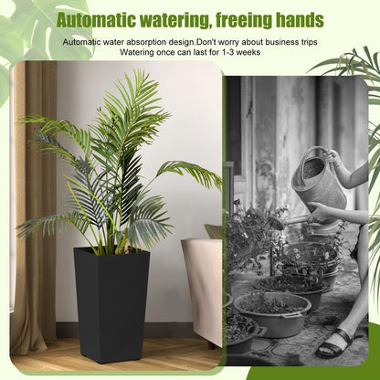 hatleues Resin Tall Planters Set of 2 Tall Flower Pot for Outdoor Indoor Plants, Flower Pots with Water Level Window & Drainage Tray, Dual-Buckle Design for Porch, Balcony, Deck,Modern Decor Black 2