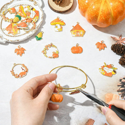 Ipotkitt 18pcs 9 Styles Thanksgiving Themed Enamel Charms Leaf Pumpkin Metal Charms Autumn Forest Hanging Ornaments for DIY Craft Bracelet Key Jewelry Making