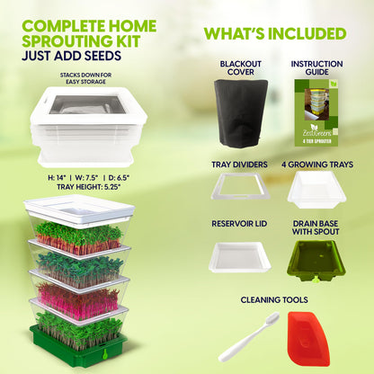 ZESTIGREENS 4-Tier Sprouting Kit - Stackable Seed Sprouter Trays with Drain Spout - Grow Fresh Sprouts at Home - BPA-Free