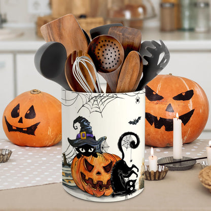 pinata Halloween Kitchen Decor Ceramic Utensil Holder, Cute Halloween Cat Pumpkin Utensils Holder, Ceramic Utensils Crock for Rustic Farmhouse Indoor Kitchen Decorations(6.3 Inches)
