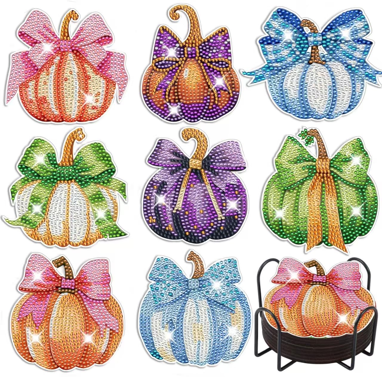 8 Pcs DIY Thanksgiving Pumpkin Diamond Art Coasters for Adult Beginners