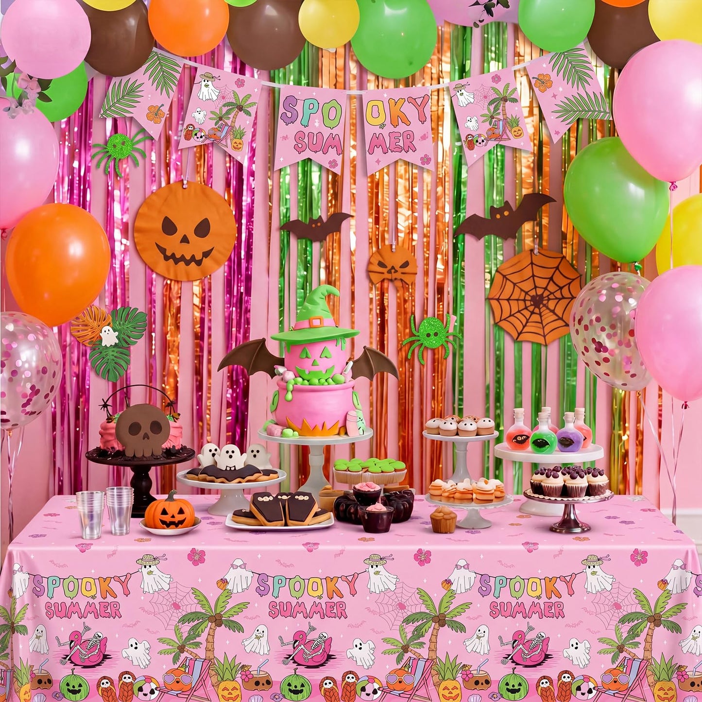 Hahafelt 3 Pack Summer Halloween Decorations Plastic Tablecloth Tropical Gothic Halloween in Summer Spooky Ghost Skull Pumpkin Table Cover for Beach Party Home Kitchen Decor 54 x 108 Inch(Flower)