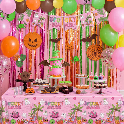 Hahafelt 3 Pack Summer Halloween Decorations Plastic Tablecloth Tropical Gothic Halloween in Summer Spooky Ghost Skull Pumpkin Table Cover for Beach Party Home Kitchen Decor 54 x 108 Inch(Flower)