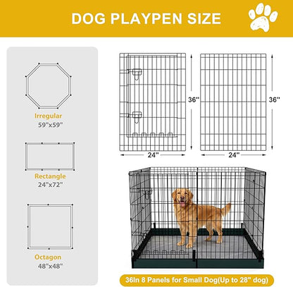 Dog Playpen,Foldable Metal Puppy Play Pen with Bottom Pad,24x36in 8 Panels Dog Playpen with Door for Indoor Outdoor,Heavy-Duty Pet Exercise Fence for Small Medium Animals