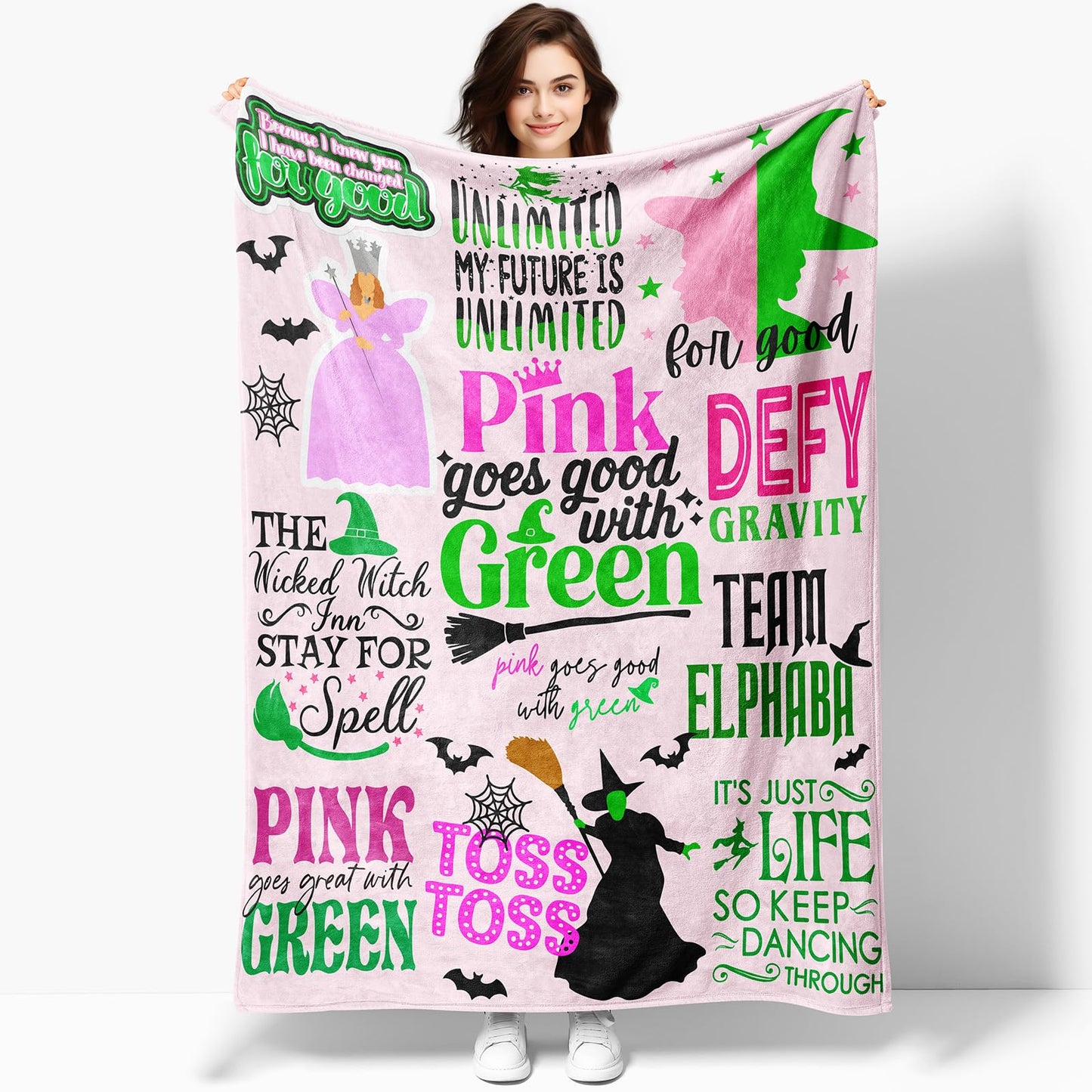 50'' x 40'' Elphaba Hat Glinda Witch Pink Flannel Blanket, Magic Movie Land Blanket, Evil Gift Queen Throw Broom, All Seasons Warm Cozy Soft Blanket for Sofa Chair Bed Halloween Women Fans 3
