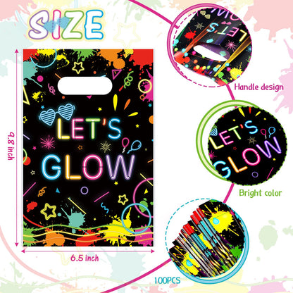 Pajean 100 Pieces Let's Glow Party Bags in the Dark Supplies Neon Goodie Candy with Die Cut Handles Theme Treat Gift for Kids Birthday Baby Shower Decorations