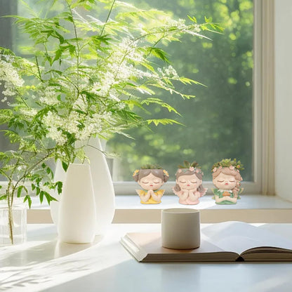 Face Planter Fairy Girl Face Pots Resin Plants Pot with Drainage Hole Small Cute Girl Face Succulent Pots for Indoor Outdoor Plants Tiny Cactus Thinking