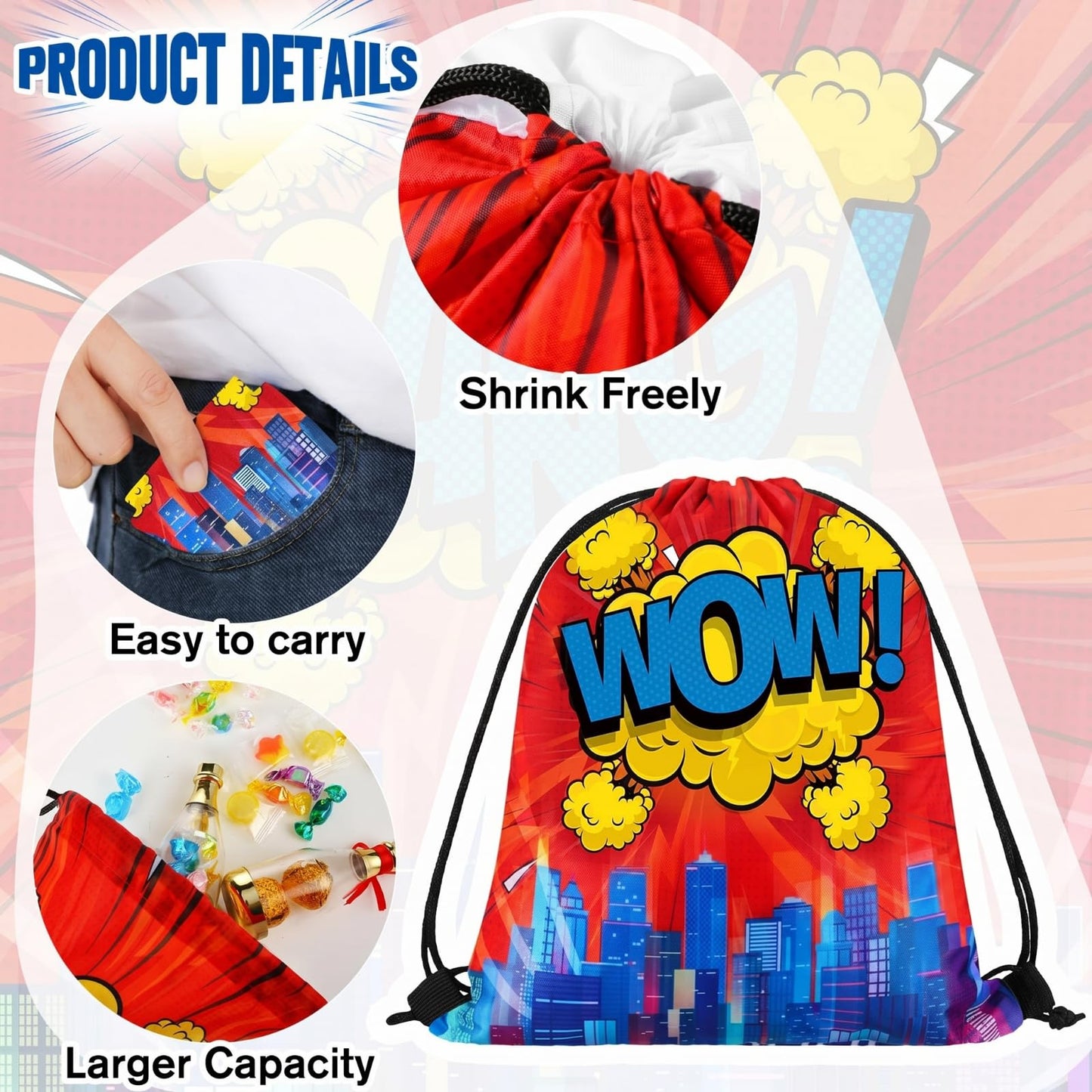 Kajaia Hero Party Favors Bags Comic Heroes Drawstring Backpacks Goodie Candy Gift Bags for Back to School Birthday Party Supplies(18 Pcs)
