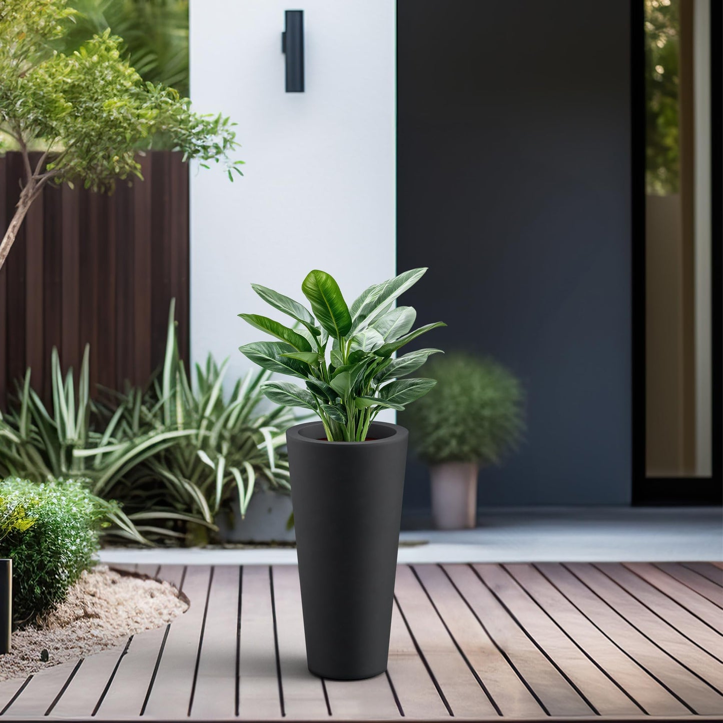 Kante Tall Concrete Planter, 15.8 Inch Height Large Flower Pot for Indoor Outdoor Plants, Suitable for Home, Patio, Garden, Porch, Black Finish with Painted Interior