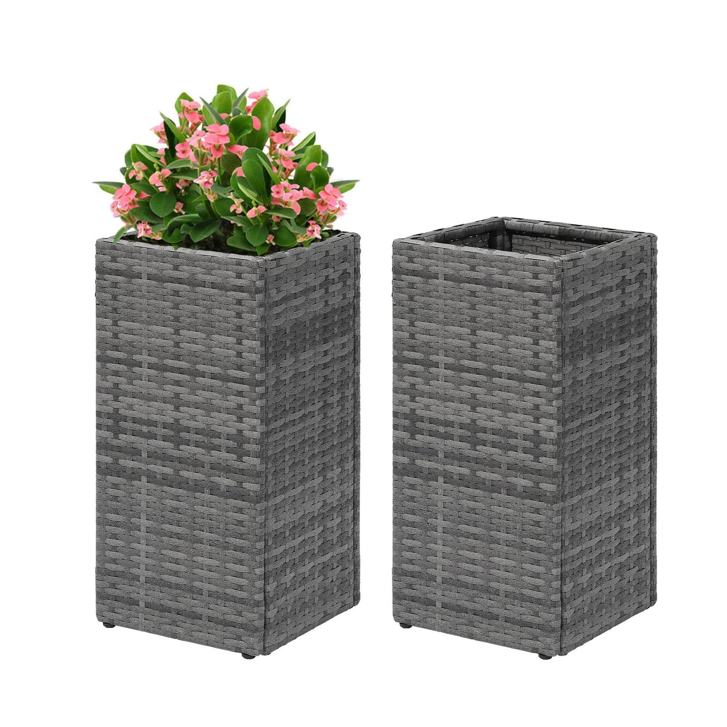 LEWIS&WAYNE Set of 2 Tall Planters for Outdoor Plants Handmade 24'' Wicker Tall Square Planter Box with Removable Liners Modern Planter for Indoor Outdoor Garden Patio Front Porch - Gray