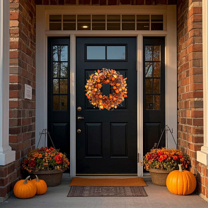 MAINGKAUNG Fall Wreath 22 Inch Fall Wreaths for Front Door Autumn Pumpkin Wreaths with Orange Eucalyptus Leaves and Berries for Indoor Outdoor Thanksgiving Harvest Festival Celebrations