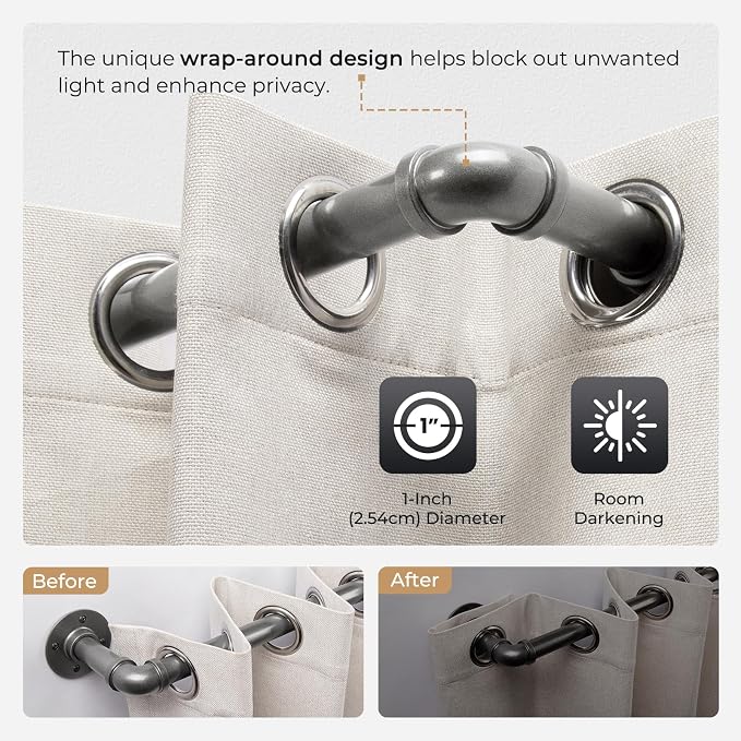 Zeerobee Curtain Rods for Windows 48 to 84, 1 Inch Industrial Wrap Around Grey Curtain Rod, Indoor/Outdoor Room Divider Adjustable Drapery Pole, 48"-86"