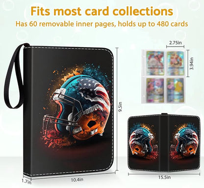 Football Card Binder Holder 480 Pockets with 60 Removable Sleeves, Portable Sports Trading Standard Sized Cards Binder Album Collector Organizer Protectors with Zipper,Waterproof