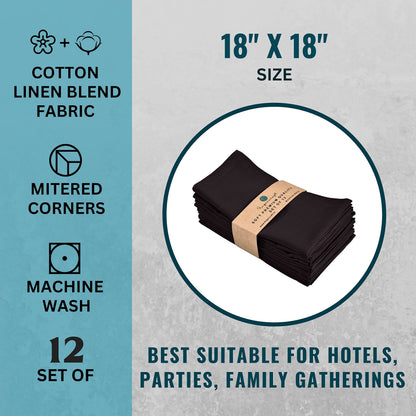 FINGERCRAFT Dinner Cloth Napkin Cotton Linen Blend 12 Pack Natural Premium Quality Mitered Corner Every Day Wedding Christmas Pre Shrunk & Good Absorbency 18x18 inch Black