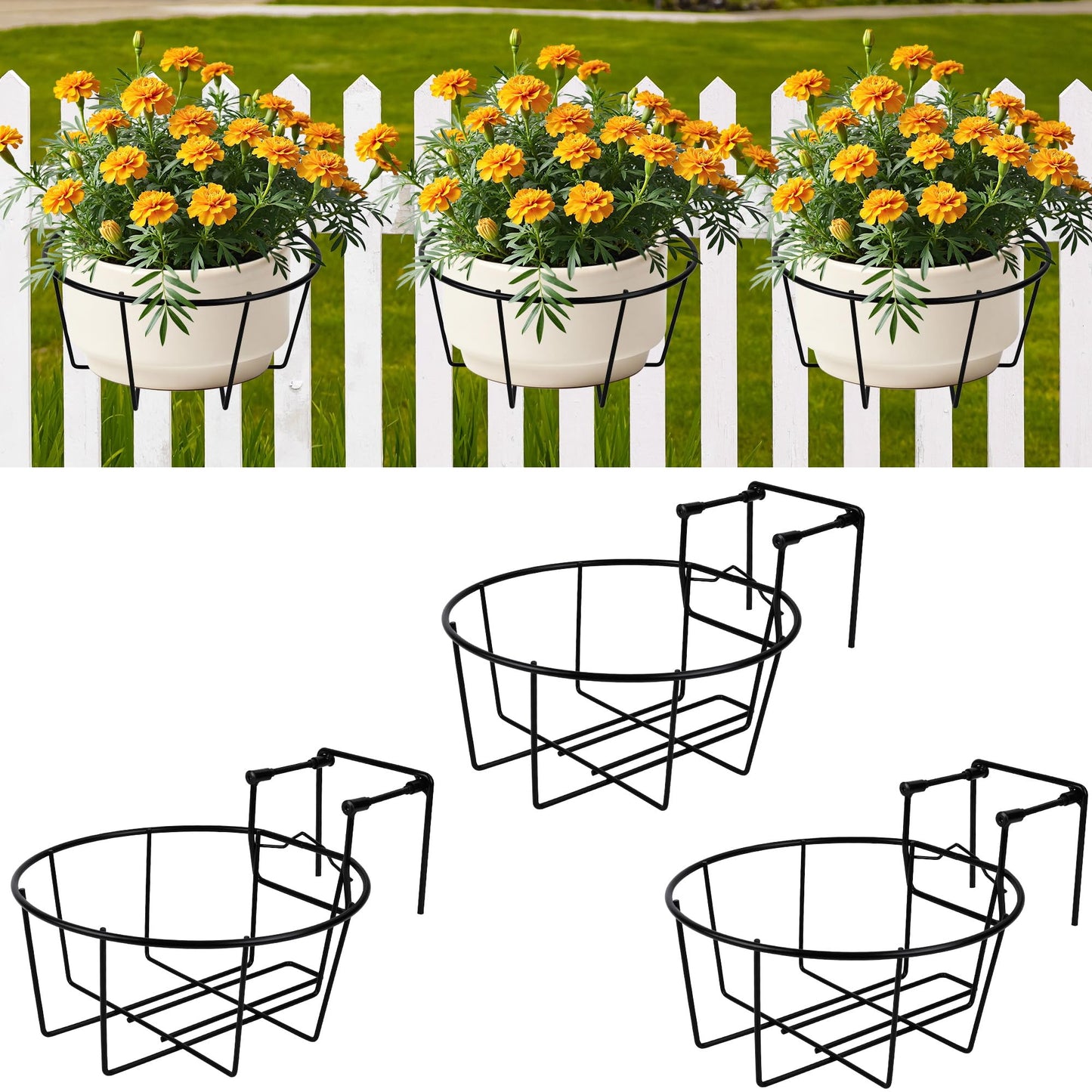 OYMVEKIK Adjustable Hanging Railing Planter, 3 Pack Fit 1.5 to 4.5 Inches Railing, Weather-Resistant Metal Balcony Rail Planters, Work for Outdoor Fence Deck Garden Patio Halloween Christmas Decor