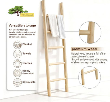 Wooden Blanket Ladder Natural & Motley Wood - Leaning Wall Decor for Bedroom, Bathroom, Living Room - Rustic Quilt Holder & Towel Rack (Light Wood Color, 57in | Fully Assembled)