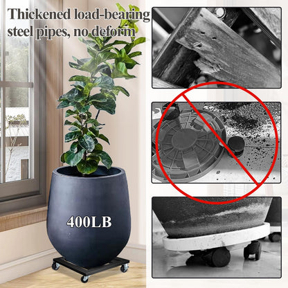 LUBORN Heavy Duty Plant Caddy with Wheels, 16'' Metal Rolling Plant Stand Indoor Outdoor, 2 pcs Square Plant Dolly with Lockable Caster Wheels Holds up 400 Lbs Planter (Black)