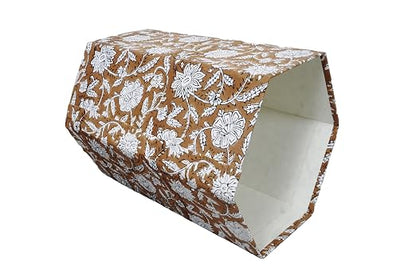 3.3 Gallon Cotton Hand Block Printed Paper Waste Basket |Small Decorative Trash Can for Housewarming Gifts in Living Room, Bedroom, Bathroom | Eco-Friendly, Plastic-Free (1, Brown White FLOWAR)