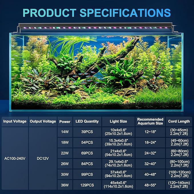AQQA LED Aquarium Light for Plants, 24/7 Mode Full Spectrum Fish Tank Light with 3 Light Modes, Adjustable Timer/Brightness, Memory Function, Extendable Brackets for Freshwater for 12-18 Inch Tank 14W
