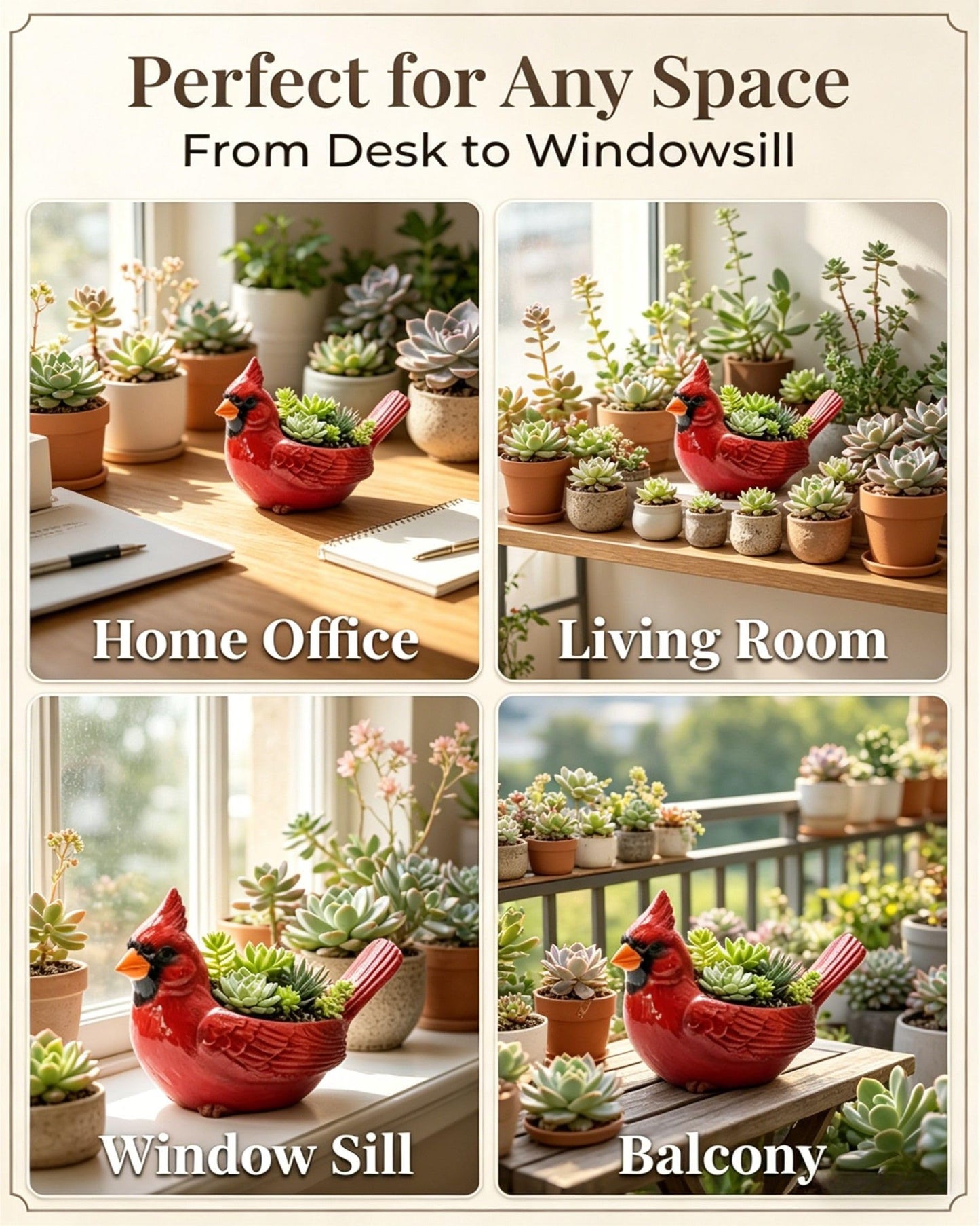 Nosecado Cardinal Bird Succulent Planter, Red Birds Plant Pot, Cardinal Succulent Planter Flower Plant Pot, Small Bird Planter for Desk Windowsill Garden Decor, Unique Gift (Red)