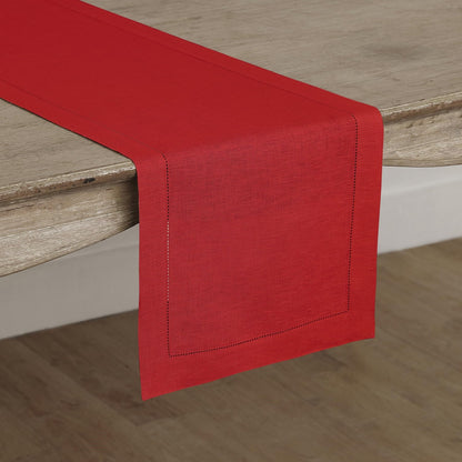 Solino Home Linen Red Table Runner 120 Inches Long - 100% Pure Linen 14 x 120 Inch Table Runner for Summer - Classic Hemstitch