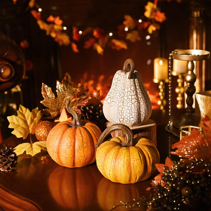 Valery Madelyn Fall Pumpkin Table Decor Cracked Pumpkin Figurine Fall Decoration for Home, 3pcs Resin Autumn Harvest Thanksgiving Halloween Party Tabletop Centerpieces, 6.7 inch
