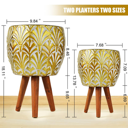 Harvest Land Plant Pots with Stand, Set of 2 Large Modern Planters Metal Tall Handmade Flower Pots with Drainage Holes Indoor Outdoor,Gold