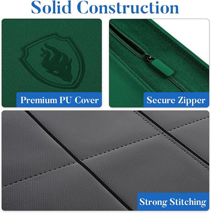 Premium Zip Card Binder, Fabmaker 9 Pocket Trading Card Binder, PU Cover Zipper Card Collection Album, Sturdy 360 Side-Loading Card Folder Holder for Game & Sports Cards, Dark Green