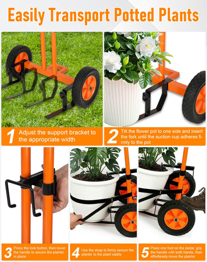 Deerift Heavy Duty Plant Caddy with Wheels, Plant Dolly Cart, Adjustable Grabbing Arm & Suction Cups for Easy Plant Movement, Versatile Indoor/Outdoor Plant Dolly Trolley Cart with Strap, Orange