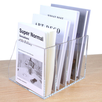 AIMOLLY Acrylic Magazine File Holder, 4 Vertical Compartments Desk Document Sorter Organizer, Clear Folder Rack Binder for Office/Home/Classroom, for Documents, Tablet, Magazines, Books & Accessories