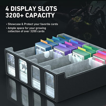 4-Row Trading Card Storage Box, Bulk Cards Case for 3200+ Mtg tcg Magic Playing Game Card Organizer, Commander Deck Box with 4 Supports & 24 Dividers & Strap