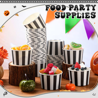 Potchen 50 Pack 9 oz Disposable Paper Bowls Fiesta Paper Soup Bowls Snack Cups Plates Wedding Birthday Party Supplies for Summer Ice Cream Taco Dessert Hot or Cold Food Holiday(Black and White Stripe)