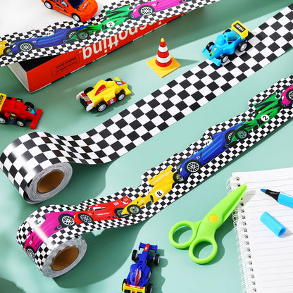 Trandraft 2 Rolls 65.6ft Racing Car Board Borders Decorations Checkerboard Bulletin Board Strips Racing Classroom Decor Back to School Bulletin Trim Borders for Home Office