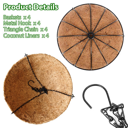 LCHUANG Hanging Baskets Planter for Plants - 4 Pack 14 Inch Metal Baskets with Coco Coir Liner, Hanging Flower Pots for Outside with Chain, Indoor Outdoor Garden Porch Decoration (14'' Pack of 4)