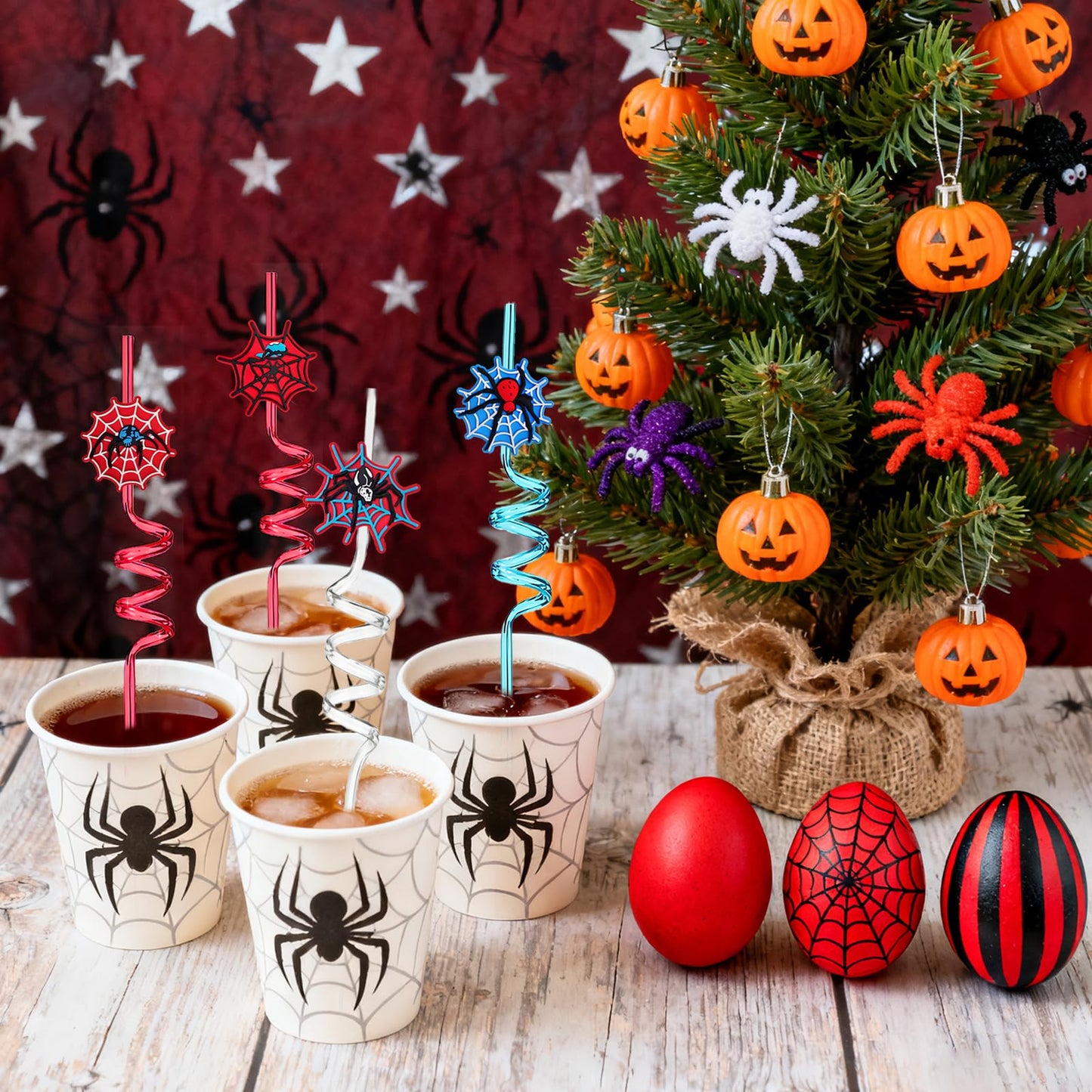 LEDUO 24PCS Spider Web Drinking Straws - Man Party Decorations Gifts Supplies-Reusable Plastic Silly Crazy Straws for Kids Boys Girls Spidery Theme Birthday Party Favors Halloween Goodie Bags Stuffers