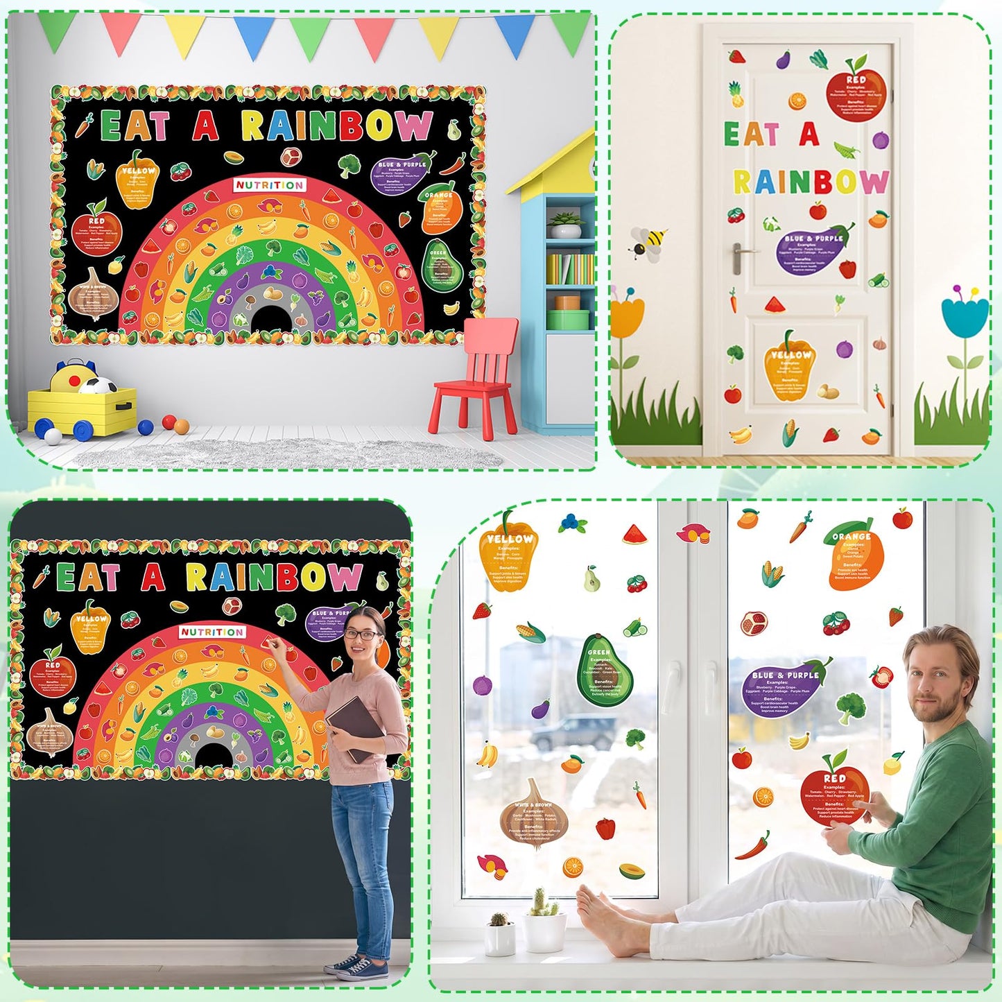 Eat A Rainbow Bulletin Board Set Healthy Food Fruit Vegetable Classroom Decoration Nutrition High Fiber Foods Cutouts Healthy Eating Board Border for Back to School Chalkboard Wall Decor Supplies