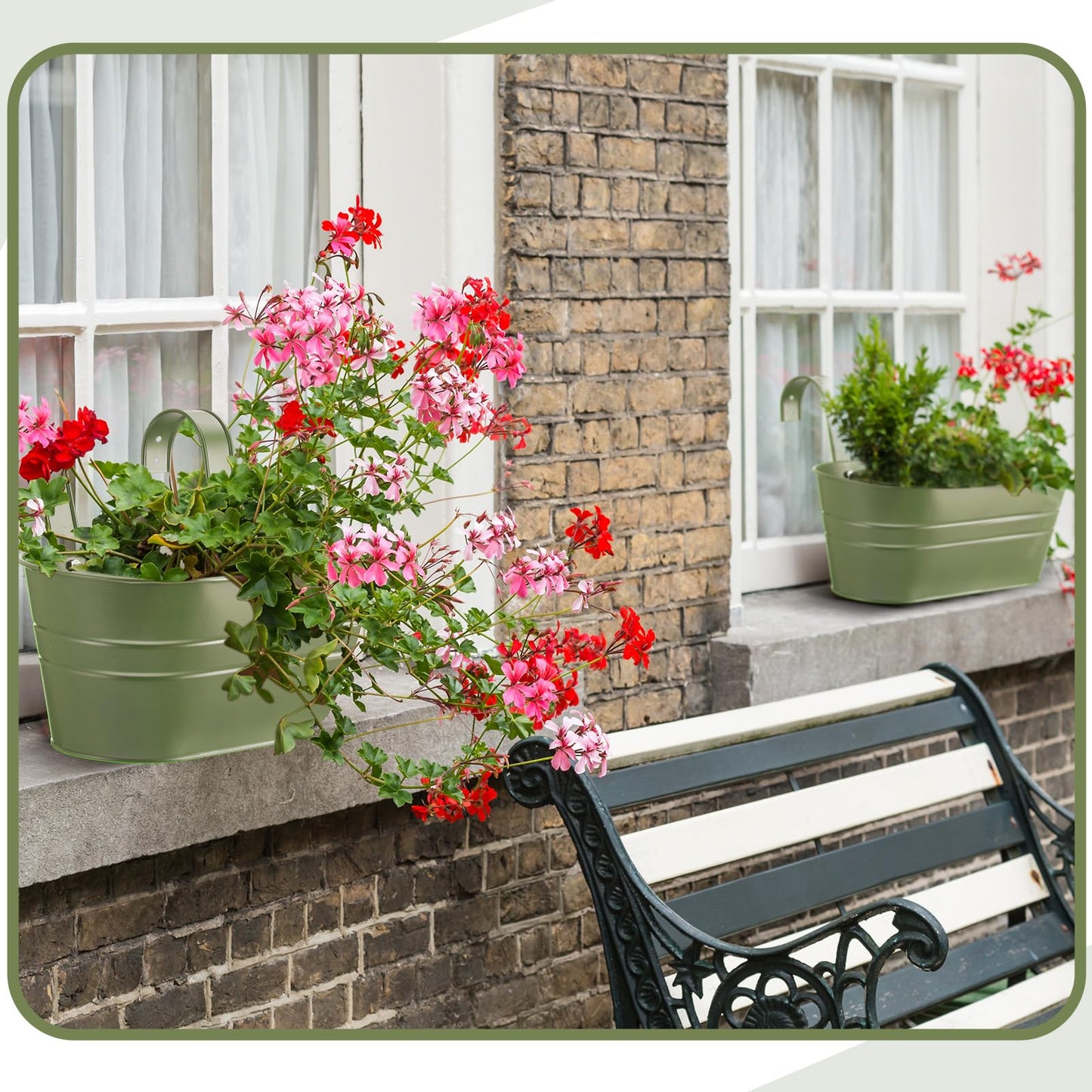Hicarer Metal Hanging Flower Pots for Railing Fence, Large Hanging Rail Planters for Outdoor Window Balcony Plants Holder with Hooks for Garden Yard Home Decor(Green,4 Pcs)