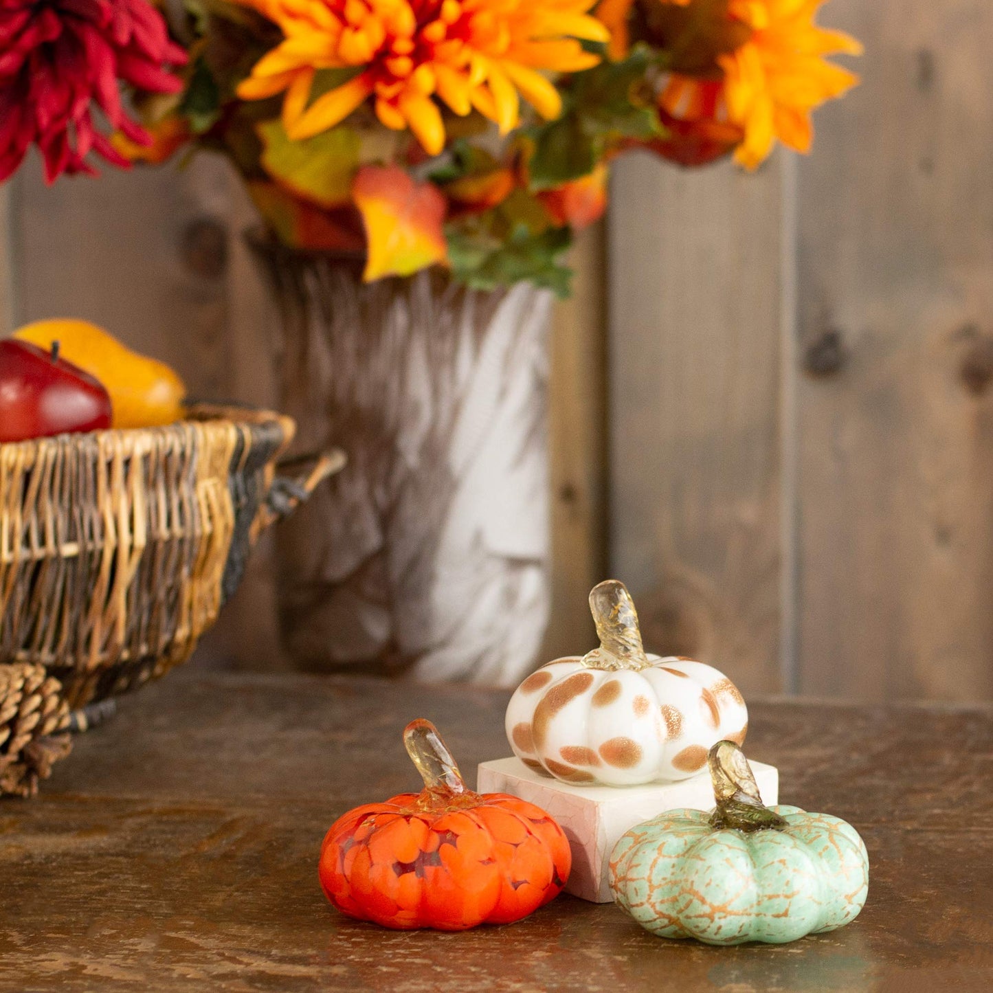 Transpac Mini Pumpkin Multicolored 3 x 3 Glass Harvest Collectible Figurines Set of 3