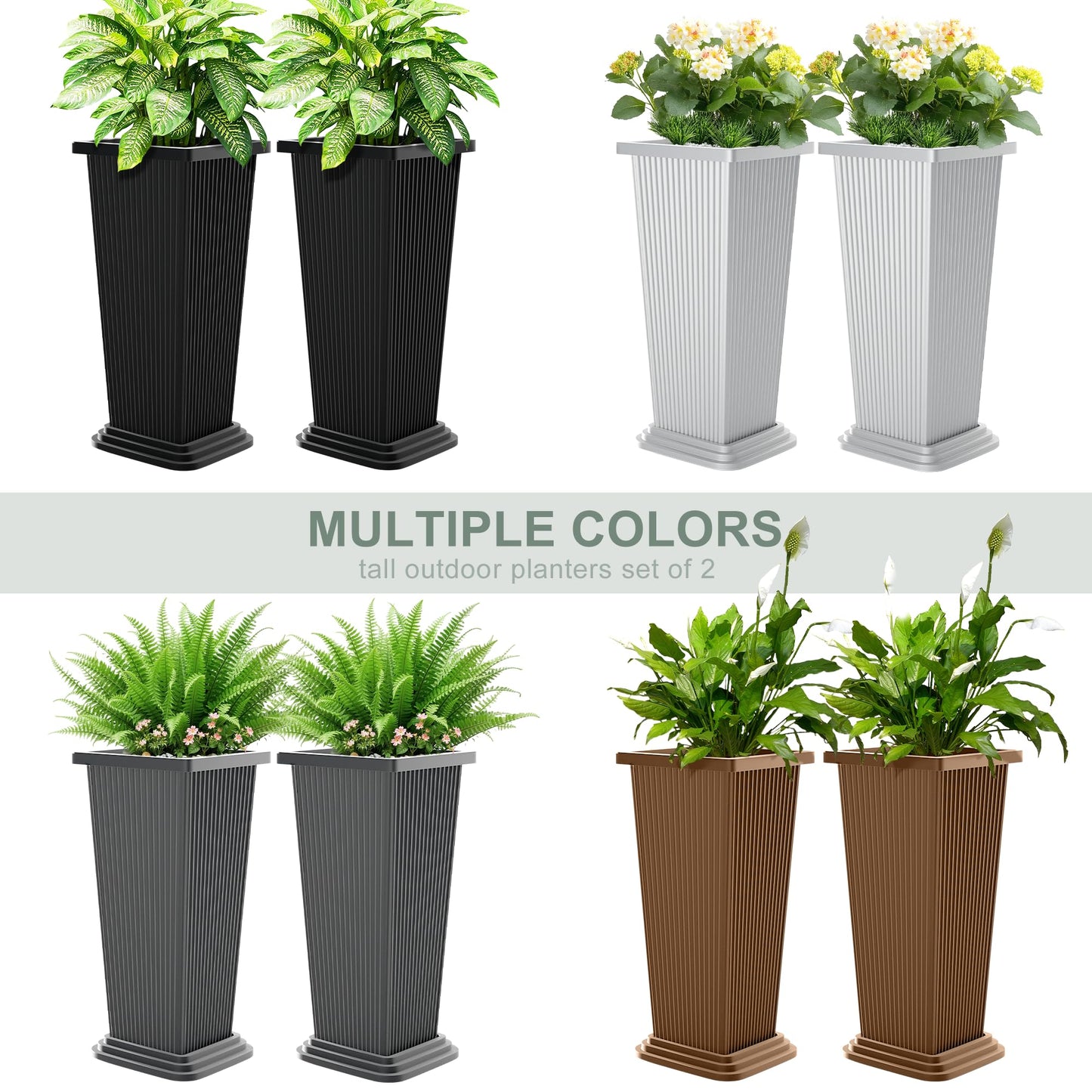 PolarcoForgeco Tall Outdoor Planters Set of 2, 24" Tapered Outdoor Tall White Planter for Front Porch, Large Indoor Modern Planter Flower Pots with Tray, Drainage Holes (Ribbed)