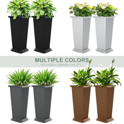 PolarcoForgeco Tall Outdoor Planters Set of 2, 24" Tapered Outdoor Tall White Planter for Front Porch, Large Indoor Modern Planter Flower Pots with Tray, Drainage Holes (Ribbed)